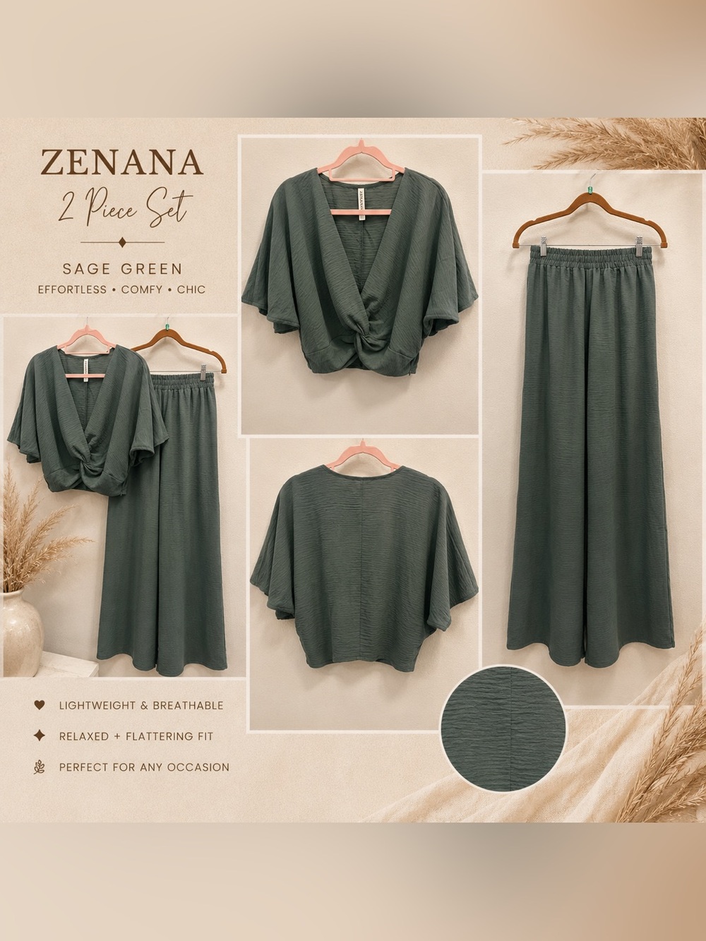 ZENANA Sage Green 2-Piece Set - Top & Wide Leg Pants